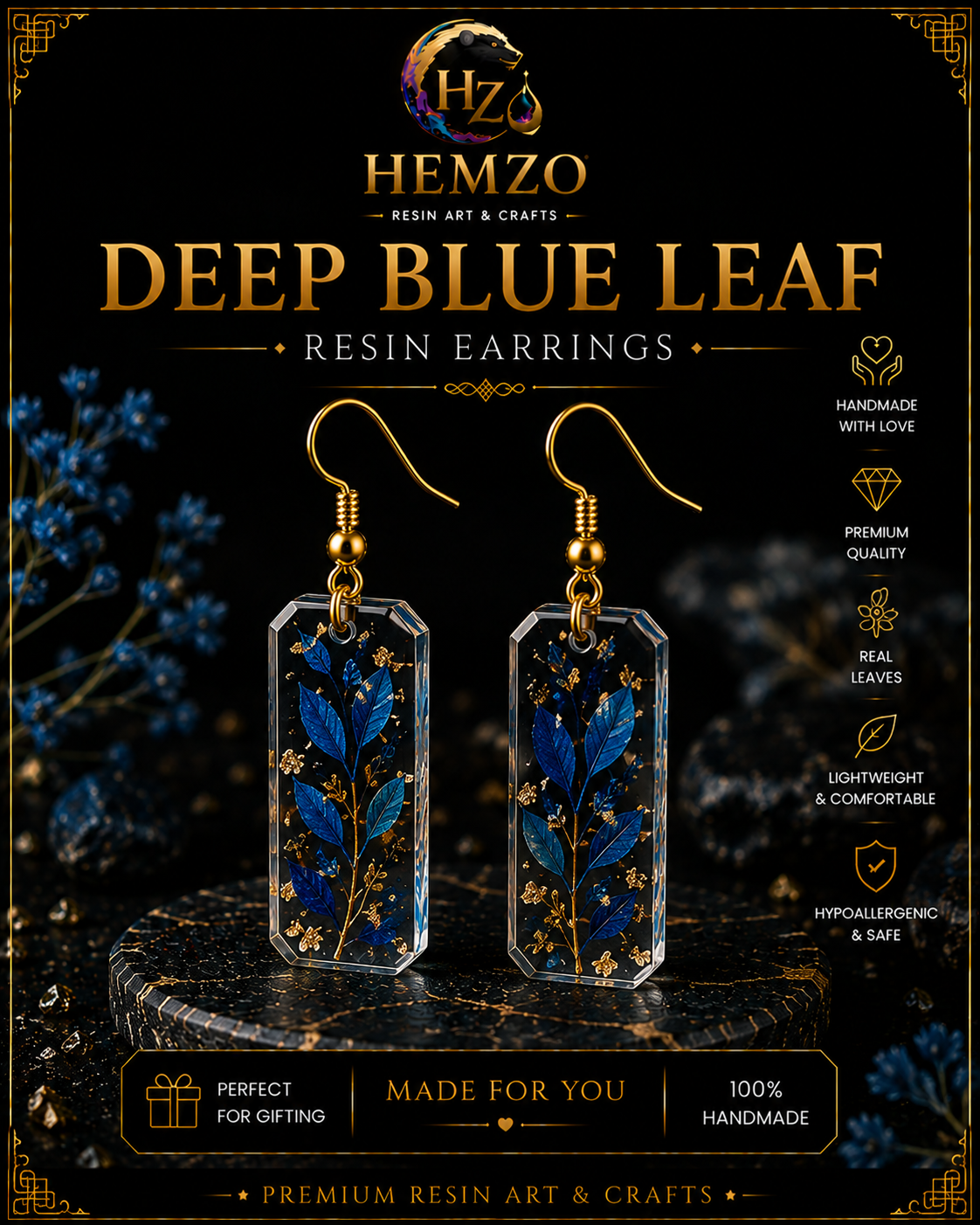 HEMZO Deep Blue Leaf Resin Earrings