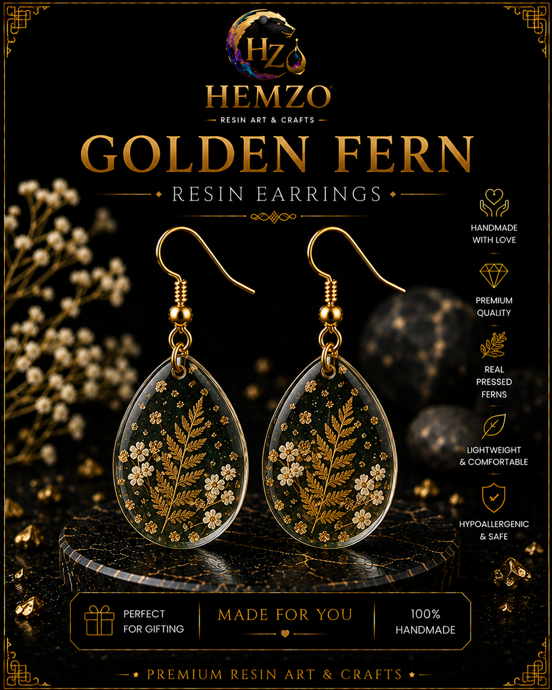 HEMZO Golden Fern Resin Earrings