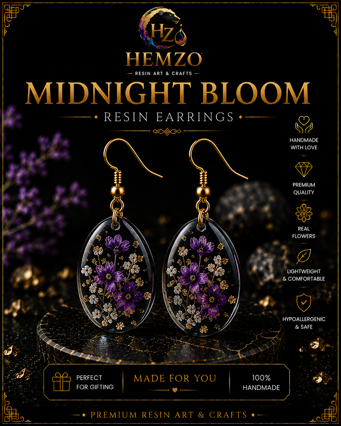 HEMZO Midnight Bloom Resin Earrings