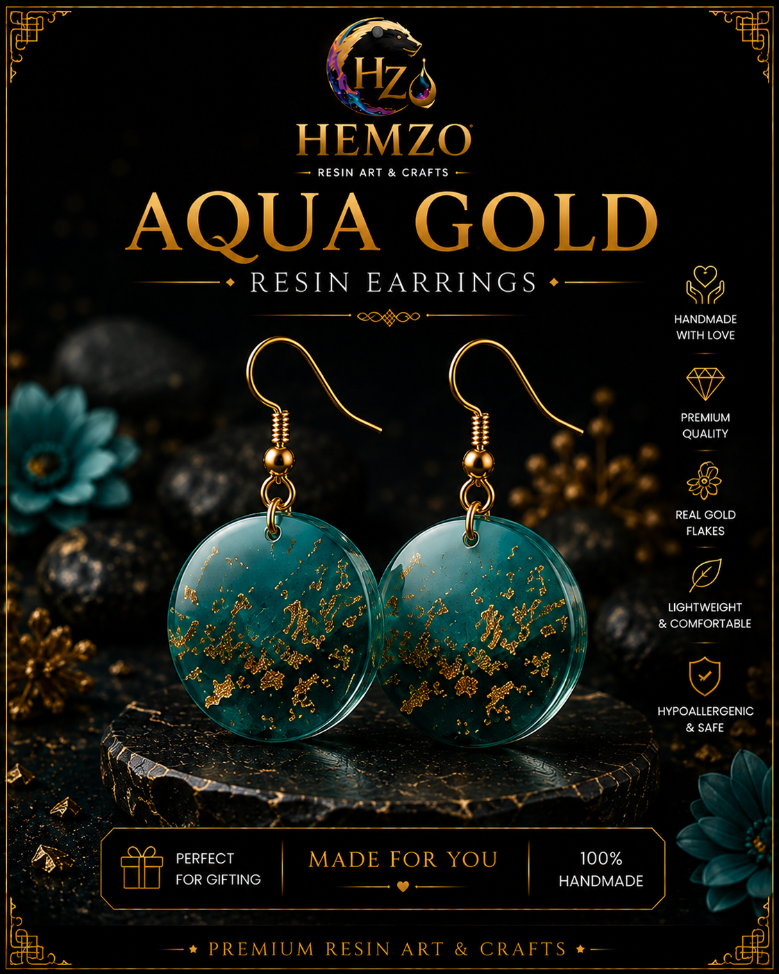HEMZO Aqua Gold Resin Earrings