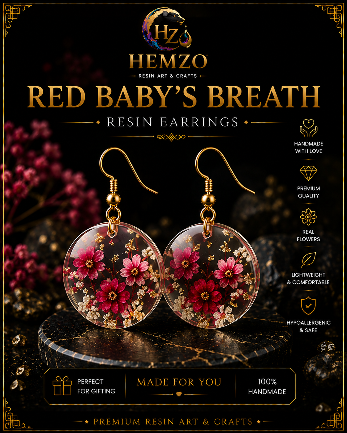 HEMZO Red Baby's Breath Resin Earrings