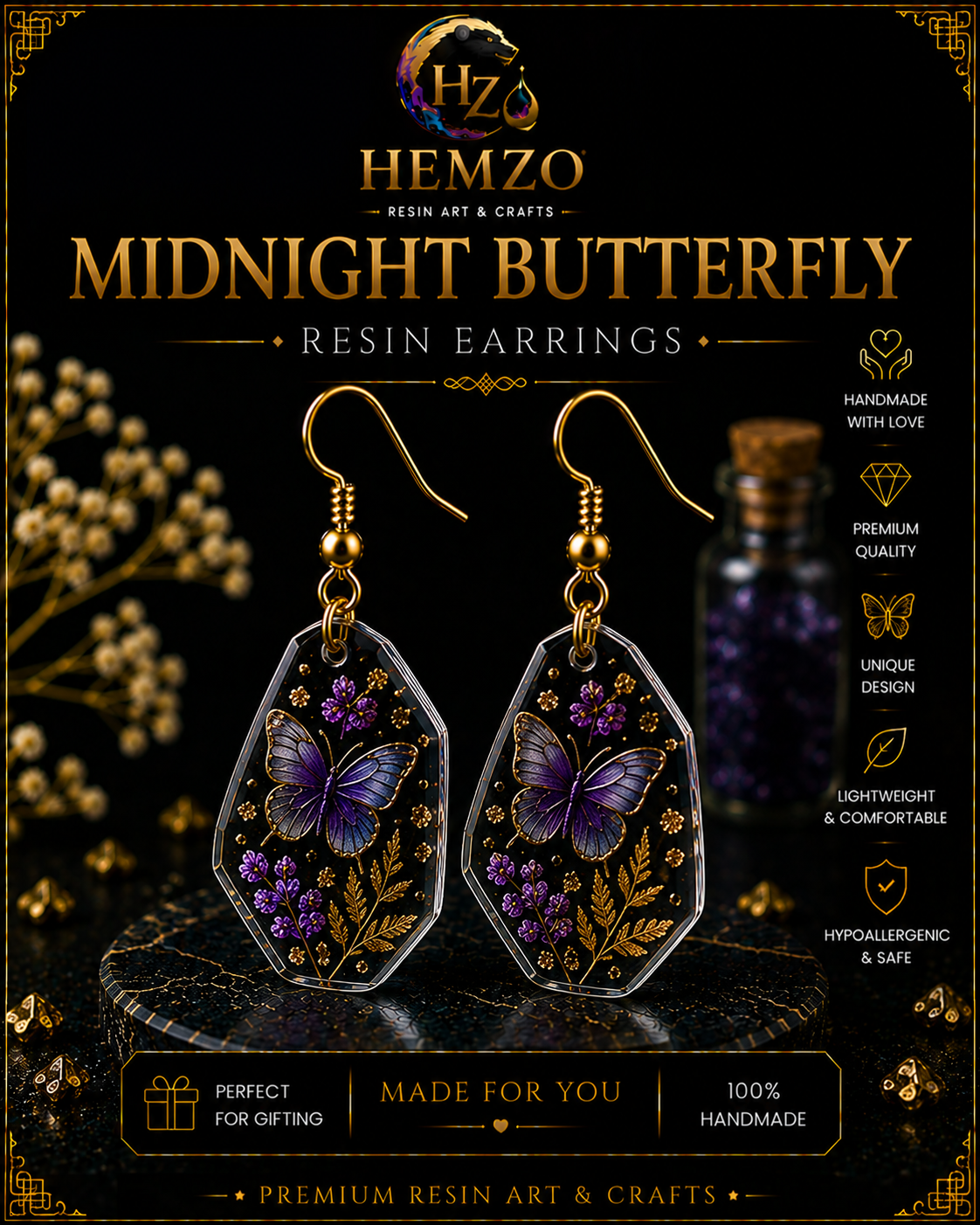 HEMZO Midnight Butterfly Resin Earrings