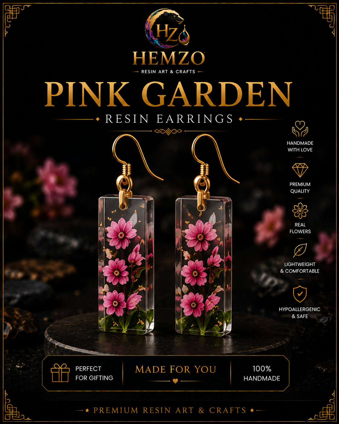 HEMZO Pink Garden Resin Earrings 🌸✨