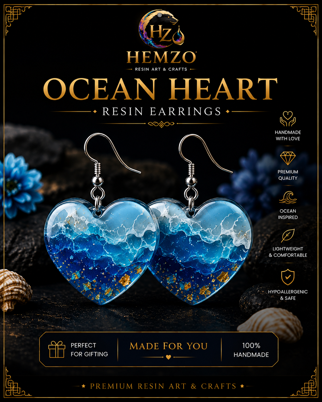 HEMZO Ocean Heart Resin Earrings 🌊💙